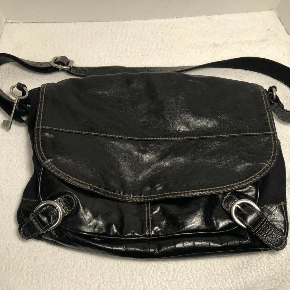 Fossil Long Live Vintage Black Leather Canvas Messenger Cross-body Bag